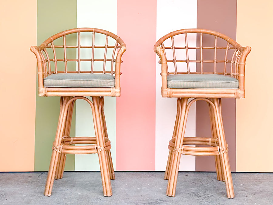 Pair of Rattan Barrel Back Bar Stools