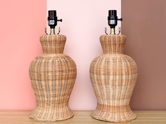 Pair of Cute Wicker Ginger Jar Lamps