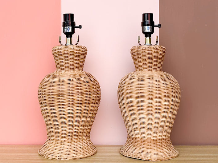 Pair of Cute Wicker Ginger Jar Lamps
