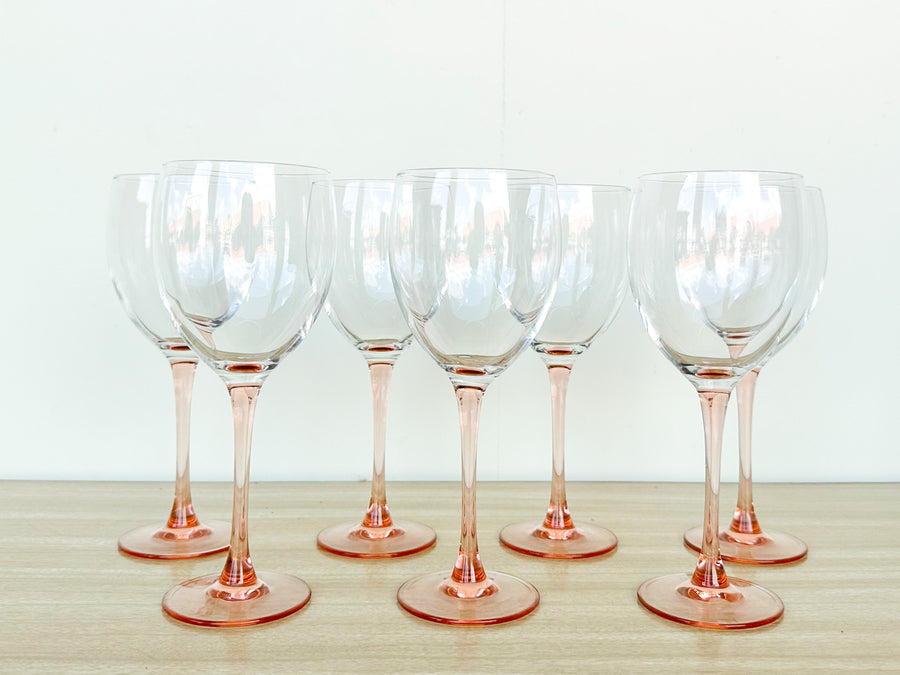 Set of Six Pink Stem Wine Glasses
