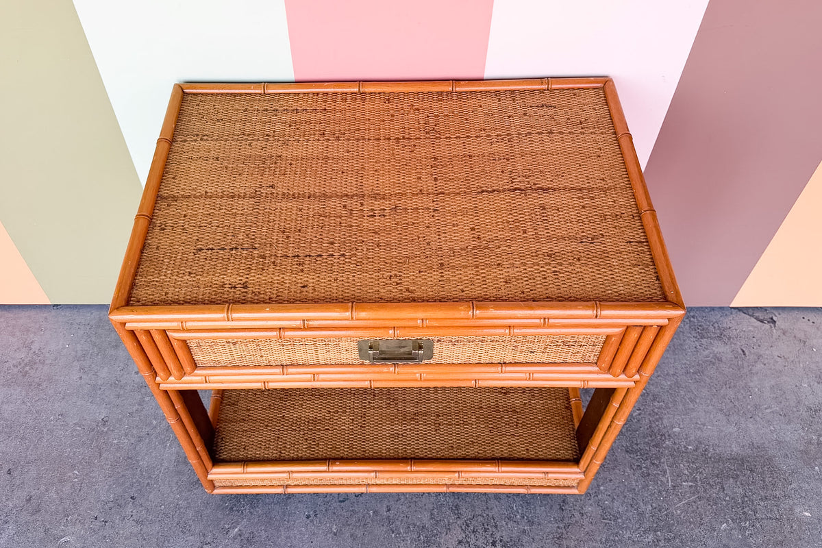 Old Florida Rattan Wrapped Nightstand on Casters