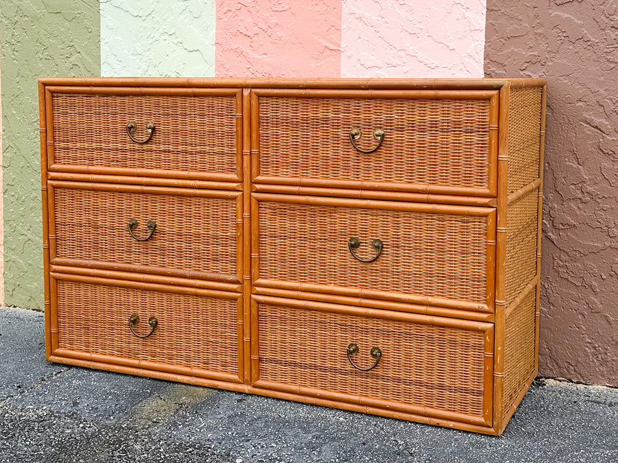 Rattan Wrapped Faux Bamboo Double Dresser