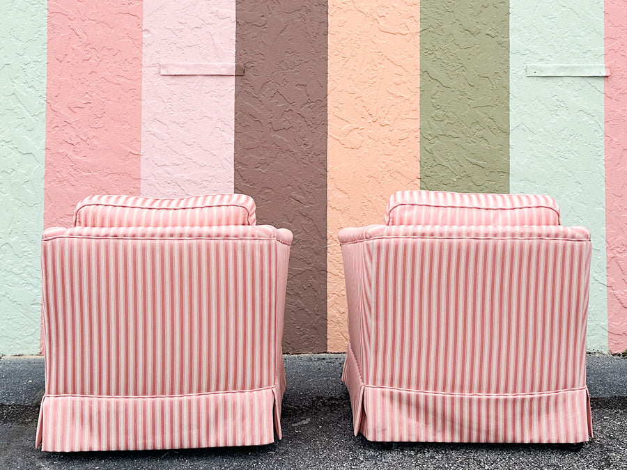 Pair of Pink Striped Upholstered Chairs on Castors