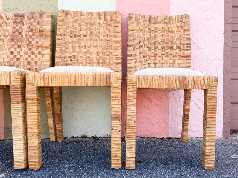 Set of Eight Baldwin Style Rattan Wrapped Dining Chairs