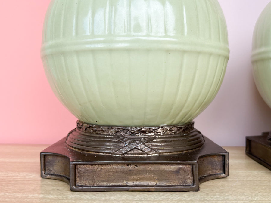 Pair of Faux Bamboo Celadon Lamps