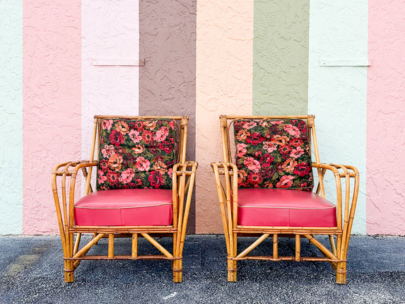 Pair of 1940s Heywood Wakefield Rattan Lounge Chairs