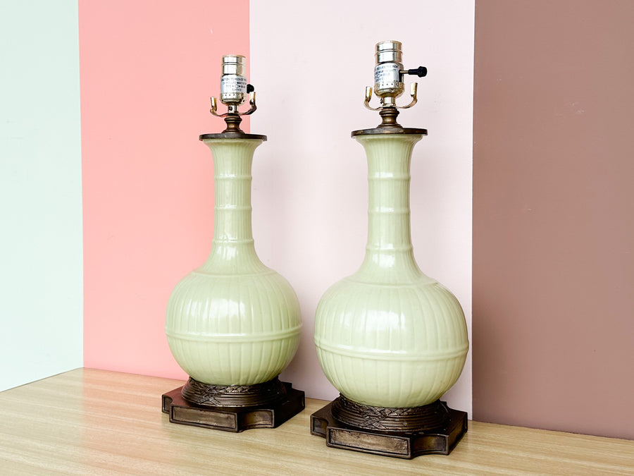 Pair of Faux Bamboo Celadon Lamps