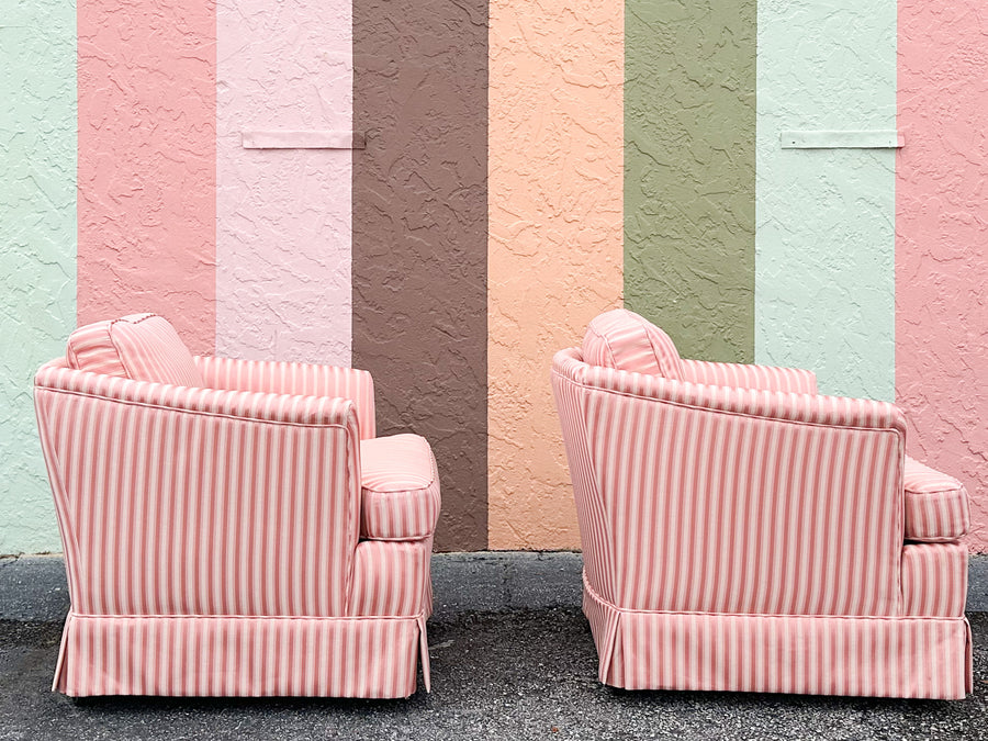 Pair of Pink Striped Upholstered Chairs on Castors