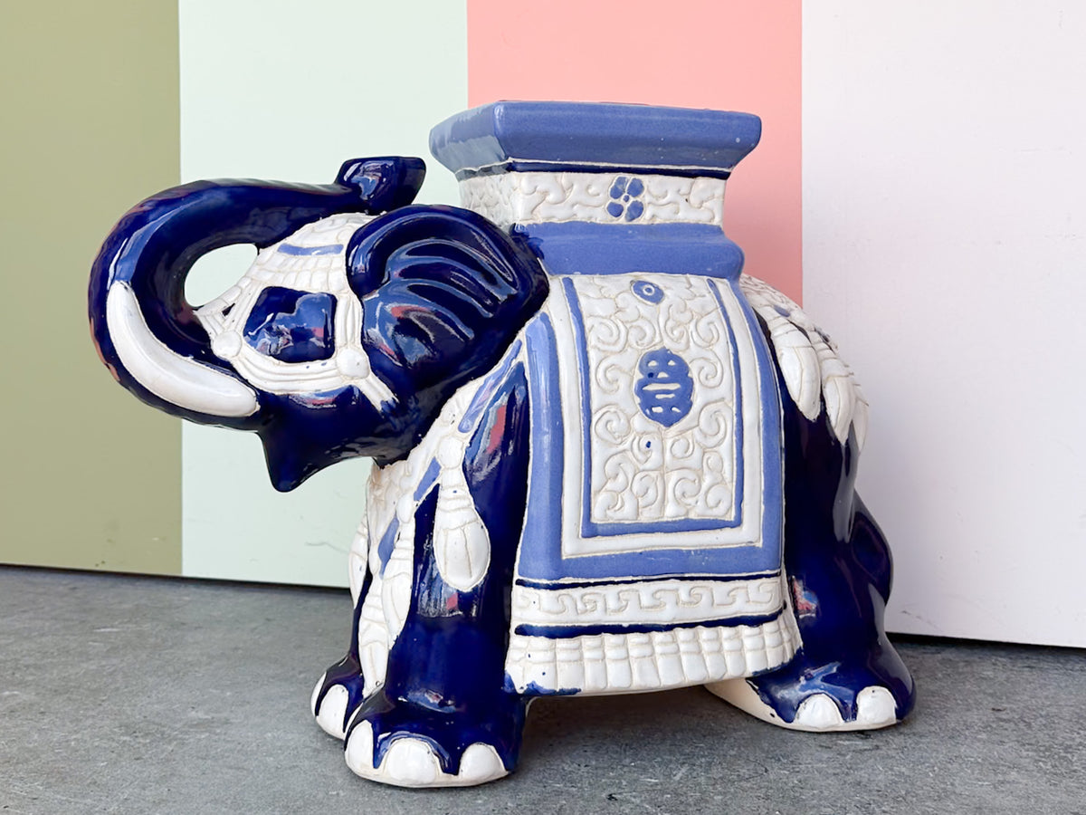 Blue and White Trunks Up Elephant Garden Seat