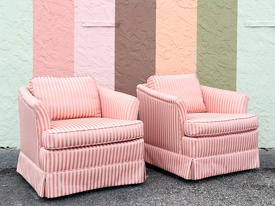 Pair of Pink Striped Upholstered Chairs on Castors