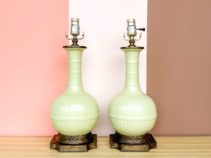 Pair of Faux Bamboo Celadon Lamps