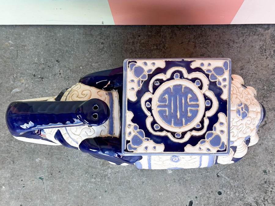Blue and White Trunks Up Elephant Garden Seat