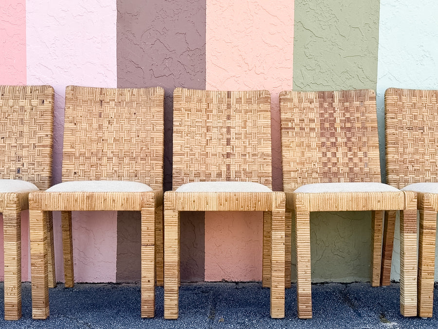 Set of Eight Baldwin Style Rattan Wrapped Dining Chairs