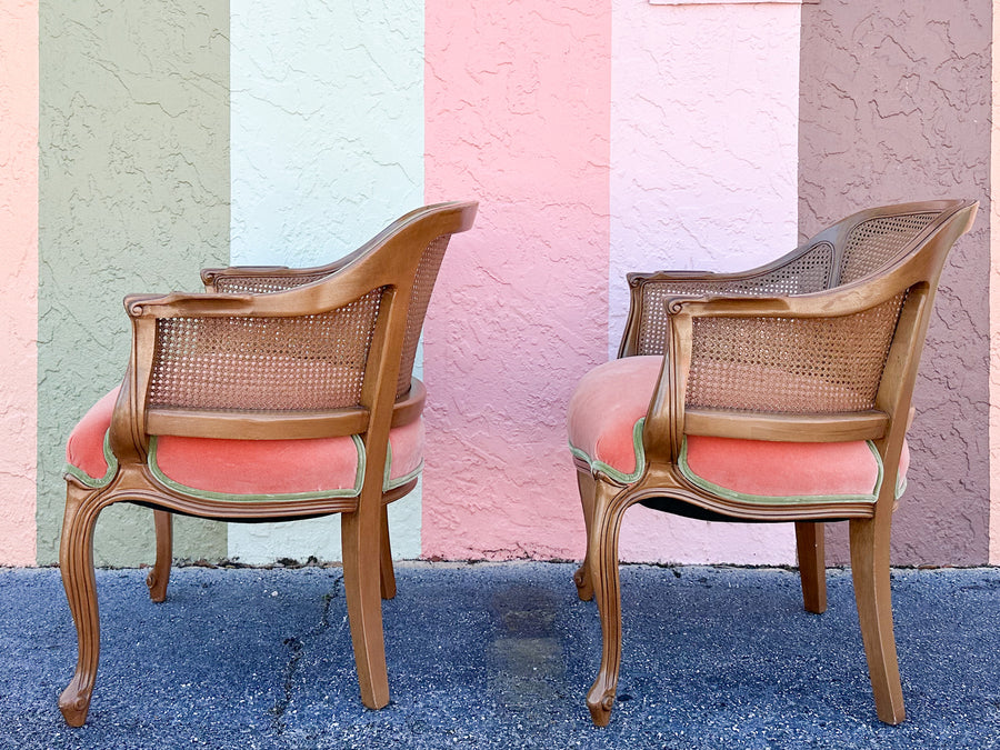 Pair of Cane and Velvet Barrel Chairs