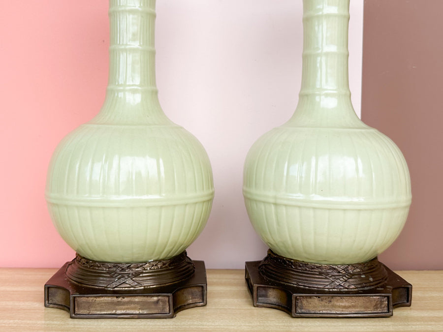 Pair of Faux Bamboo Celadon Lamps