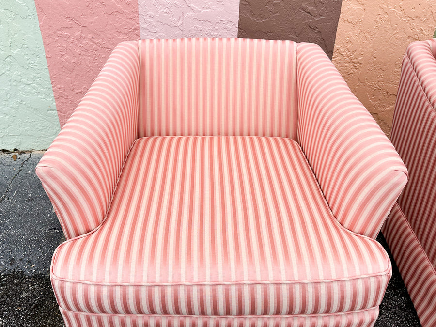 Pair of Pink Striped Upholstered Chairs on Castors