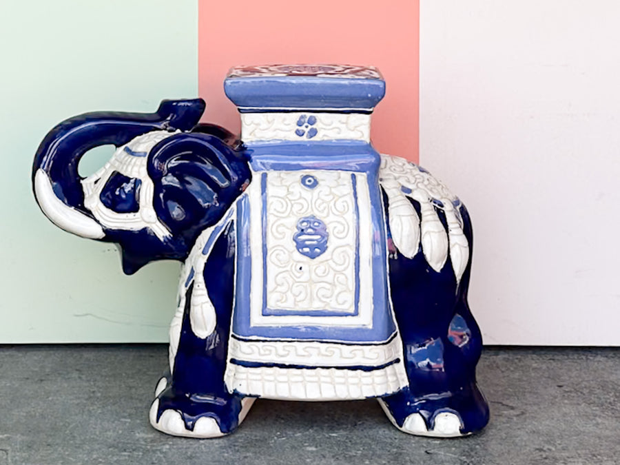 Blue and White Trunks Up Elephant Garden Seat