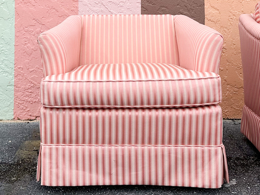 Pair of Pink Striped Upholstered Chairs on Castors