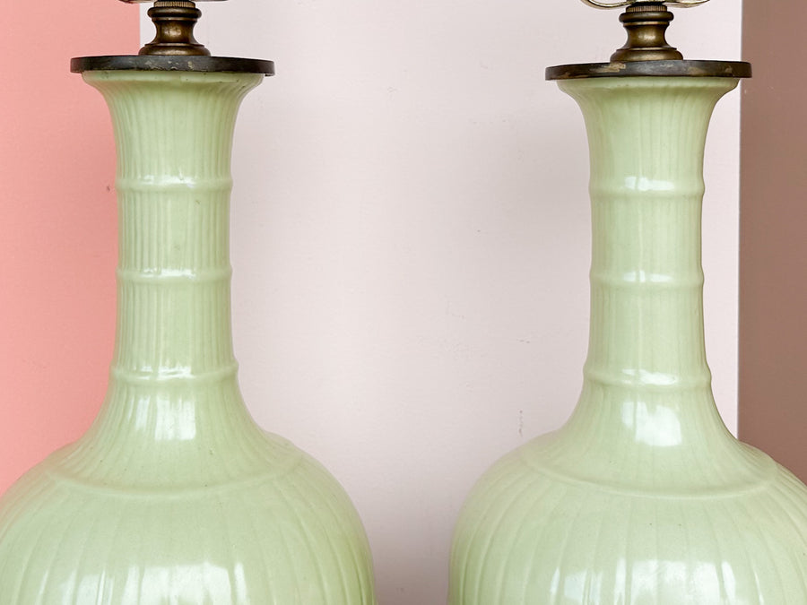 Pair of Faux Bamboo Celadon Lamps