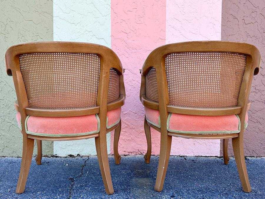 Pair of Cane and Velvet Barrel Chairs