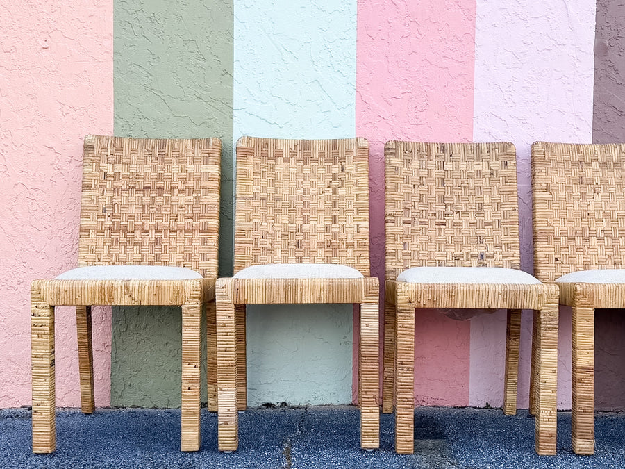 Set of Eight Baldwin Style Rattan Wrapped Dining Chairs