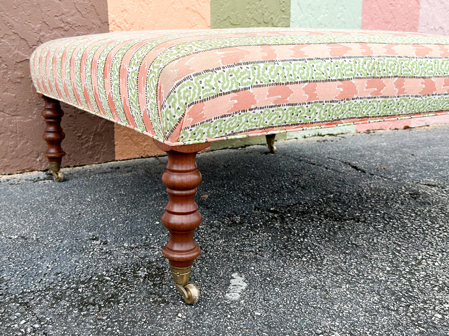 Palm Beachy Pink and Green Upholstered Ottoman on Castors