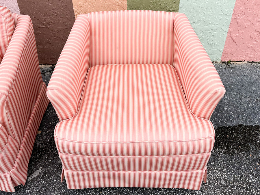 Pair of Pink Striped Upholstered Chairs on Castors