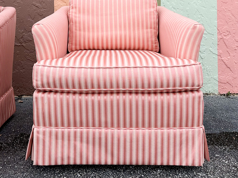 Pair of Pink Striped Upholstered Chairs on Castors