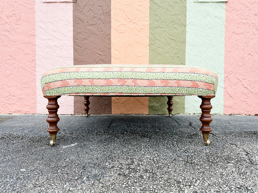 Palm Beachy Pink and Green Upholstered Ottoman on Castors