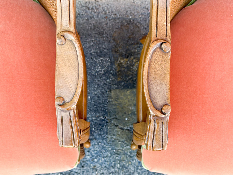 Pair of Cane and Velvet Barrel Chairs