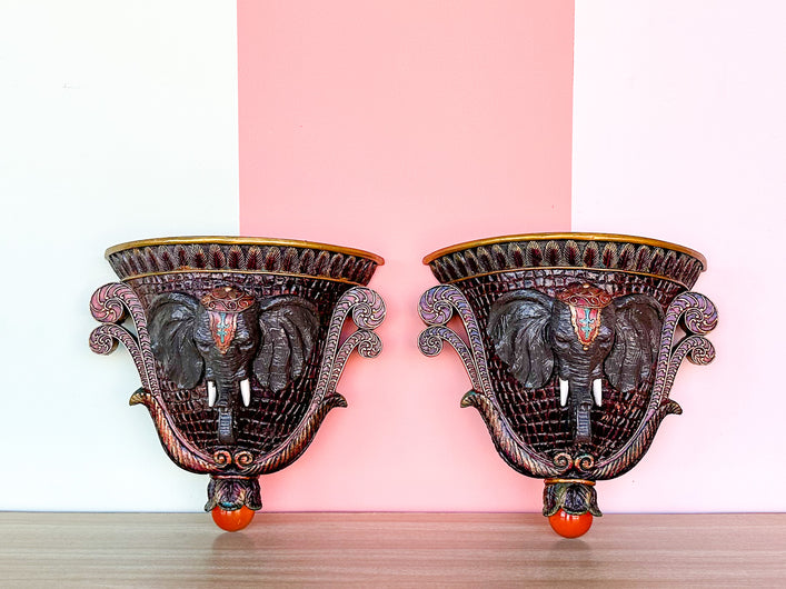 Pair of Painted Wood Elephant Wall Shelves