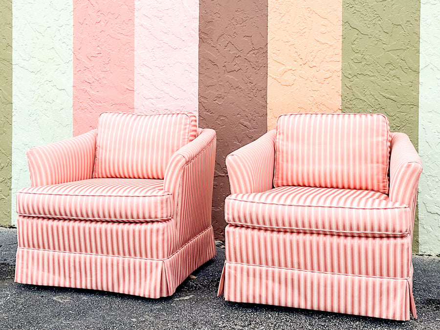 Pair of Pink Striped Upholstered Chairs on Castors