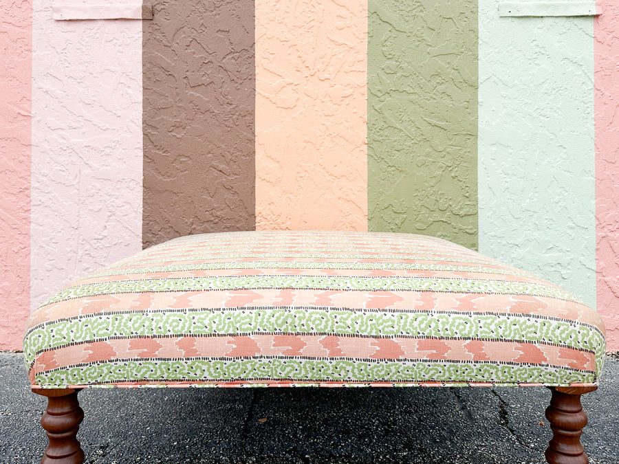 Palm Beachy Pink and Green Upholstered Ottoman on Castors