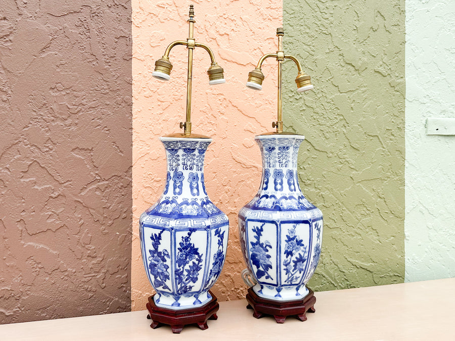 Pair of Blue and White Chinoiserie Lamps
