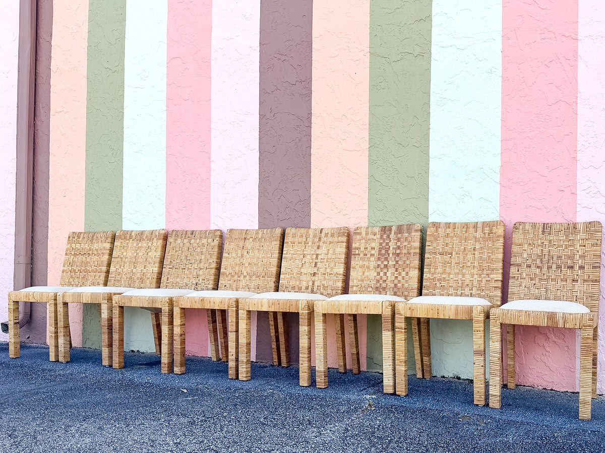 Set of Eight Baldwin Style Rattan Wrapped Dining Chairs