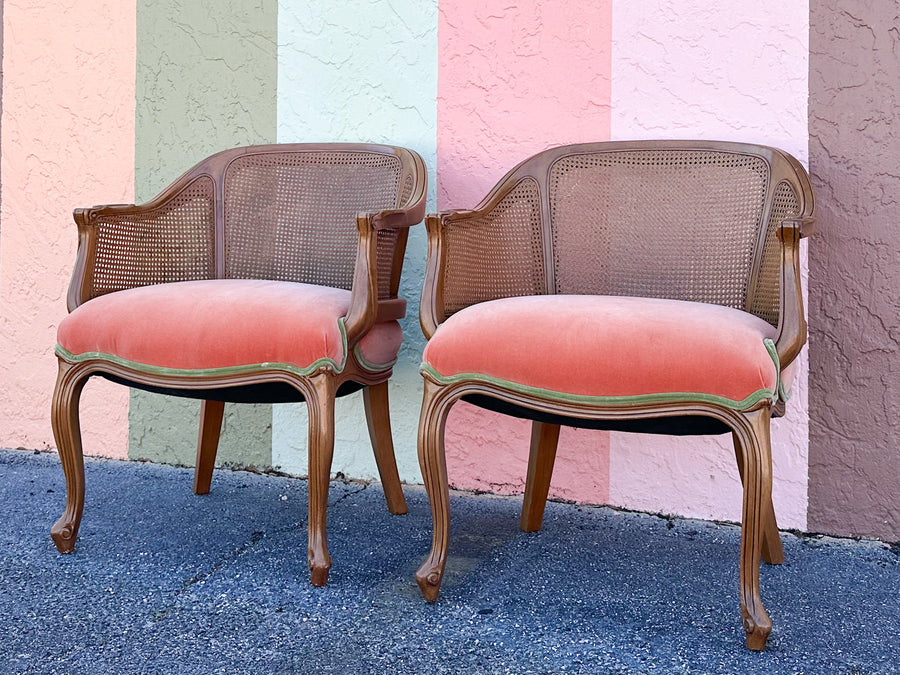 Pair of Cane and Velvet Barrel Chairs