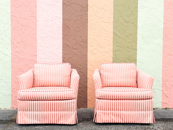 Pair of Pink Striped Upholstered Chairs on Castors