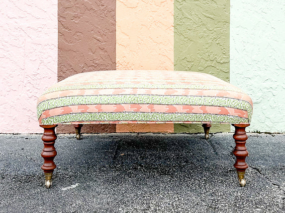 Palm Beachy Pink and Green Upholstered Ottoman on Castors