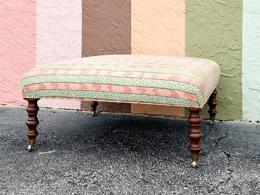 Palm Beachy Pink and Green Upholstered Ottoman on Castors