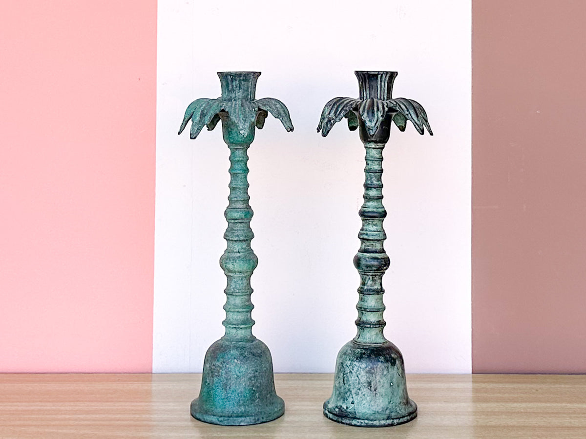 Pair of Palm Tree Patina Candle Holders