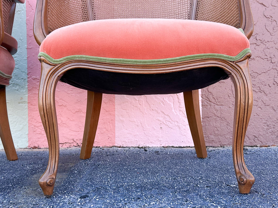 Pair of Cane and Velvet Barrel Chairs