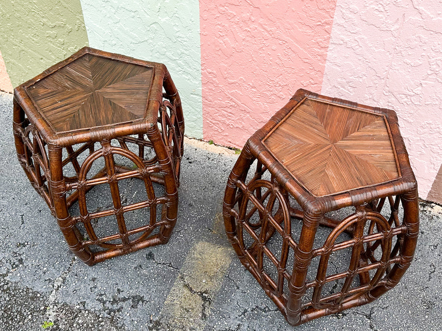 Pair of West Indies Style Rattan Side Tables