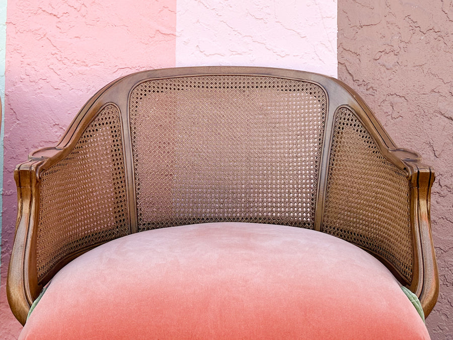 Pair of Cane and Velvet Barrel Chairs