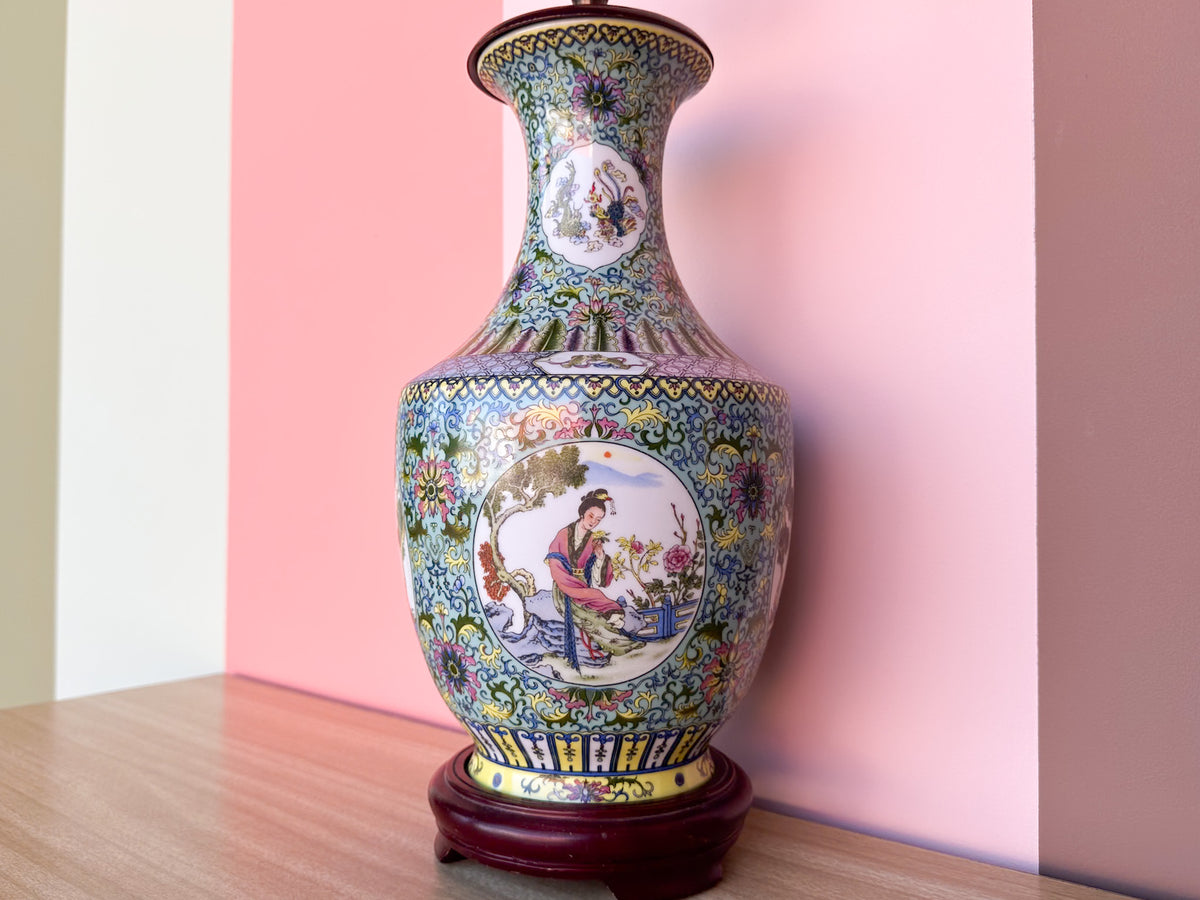 Teal and Yellow Chinoiserie Lamp