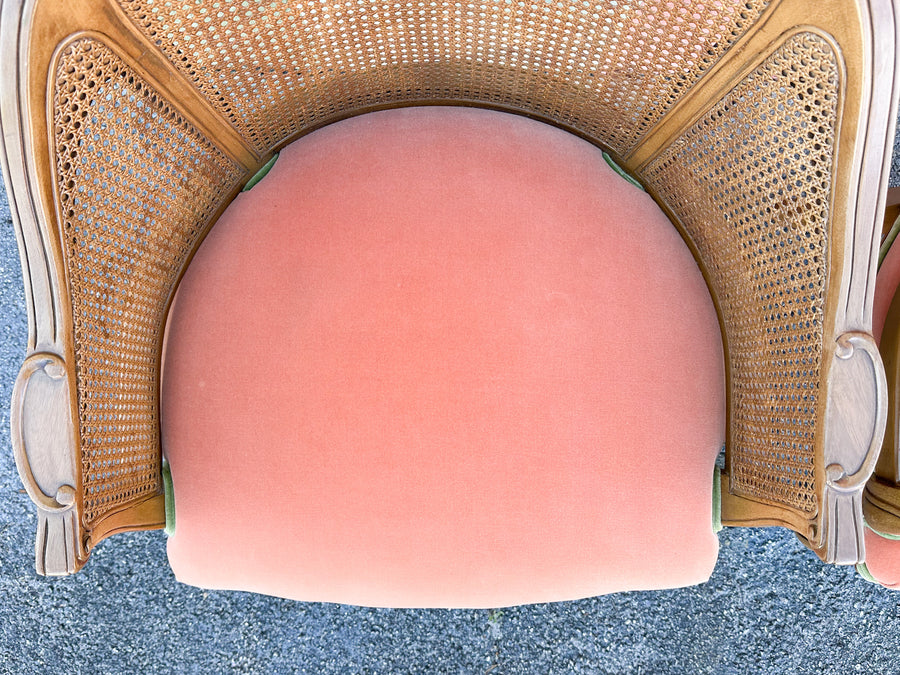 Pair of Cane and Velvet Barrel Chairs