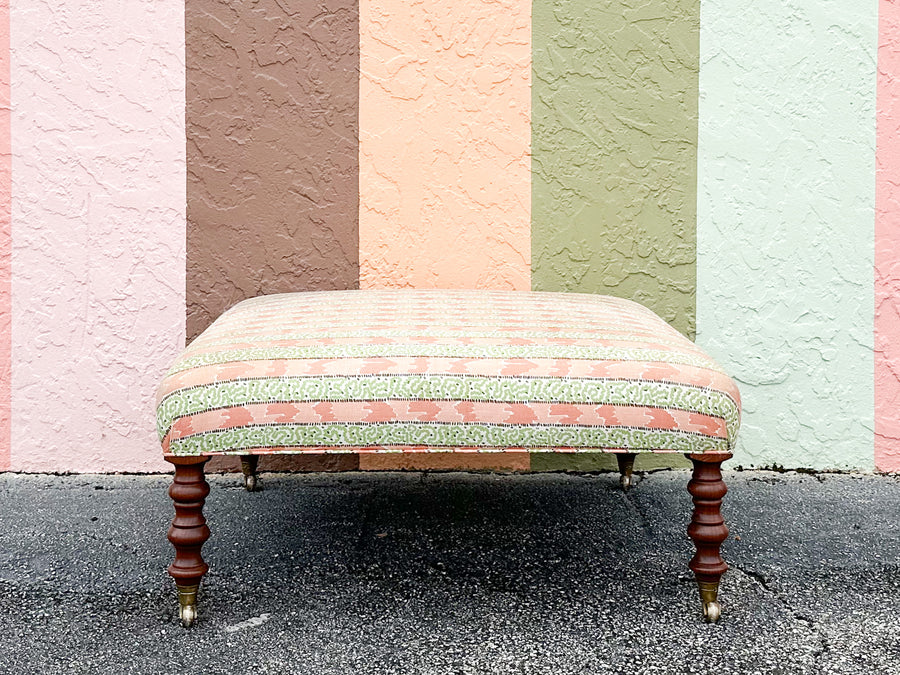 Palm Beachy Pink and Green Upholstered Ottoman on Castors