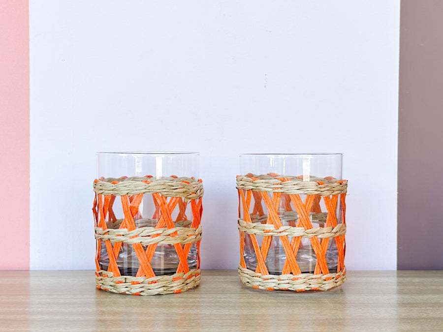 Set of Eleven Orange Raffia Glassware
