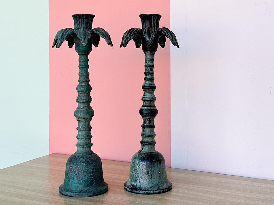 Pair of Palm Tree Patina Candle Holders