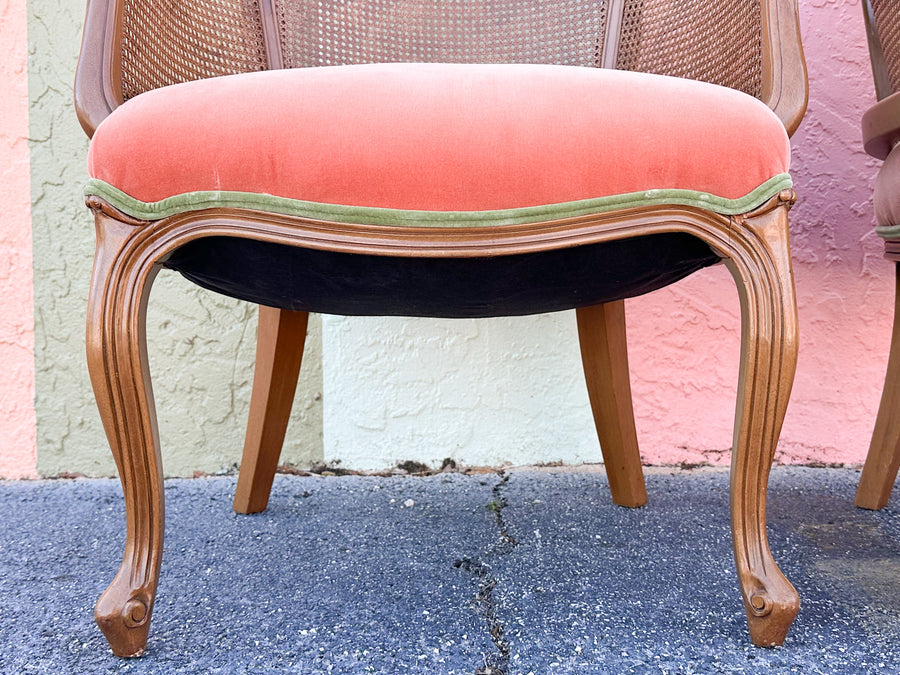 Pair of Cane and Velvet Barrel Chairs