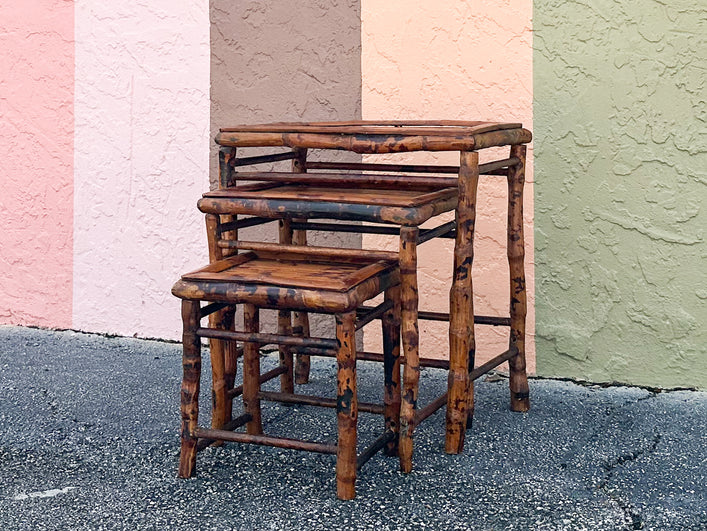 Set of Three Tortoiseshell Rattan Nesting Tables